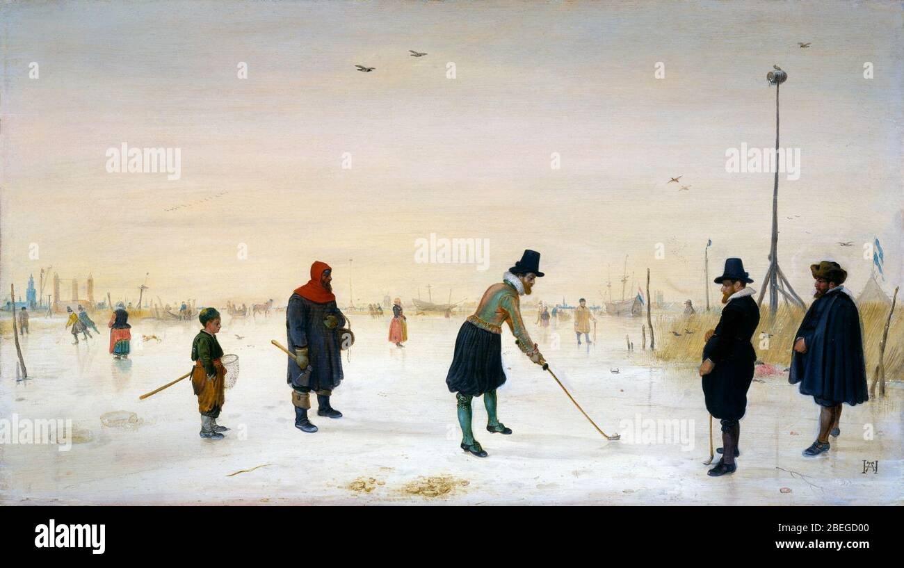 Hendrick Avercamp, Kolfspelers op het ijs, Circa 1625. Stock Photo