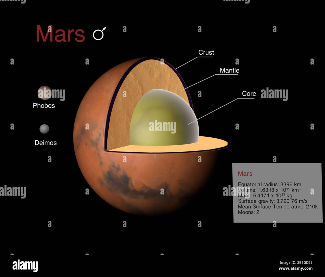 Illustration of the planet Mars. The crust, mantle and core are labeled in cutaway view. Also shown are Mars' moons, Phobos and Deimos, as well as facts relating to Mars' size, gravity and temperature. Stock Photo