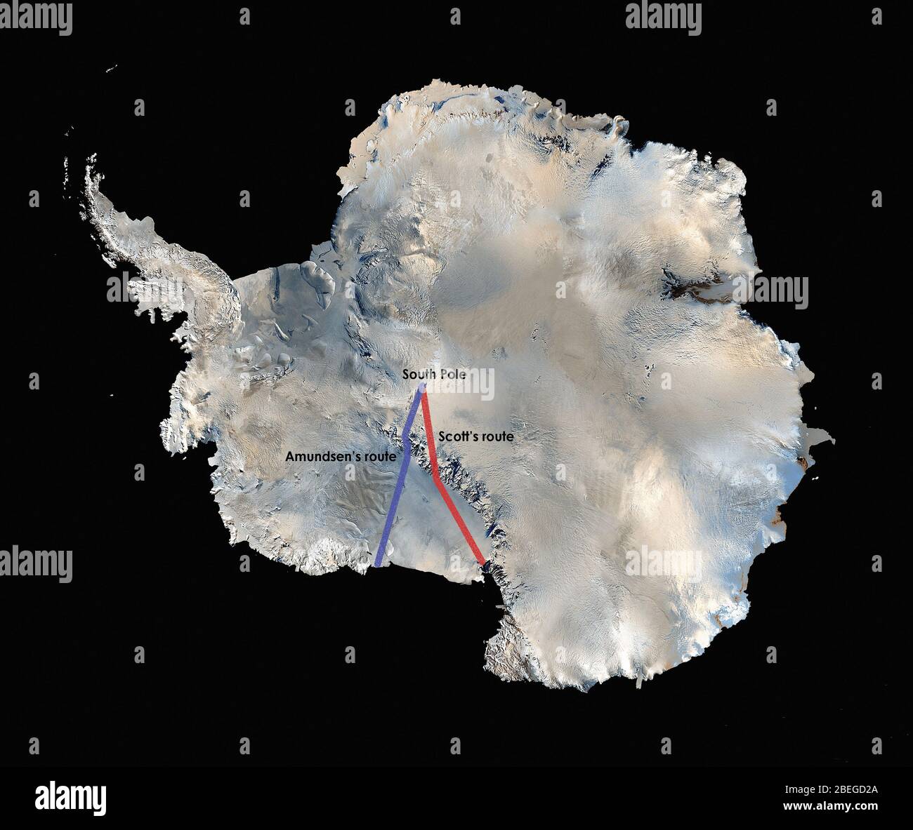 The world's first high resolution, three-dimensional, true-color map of Antarctica was built from more than 1,100 images from the Landsat 7 satellite. To create the Landsat Image Mosaic of Antarctica (LIMA), scientific visualizers combined Landsat 7 scenes (acquired between 1999 and 2001), a digital elevation model, and field data measurements. It took years to stitch the whole thing together for release in 2007. NASA worked with the USGS, the National Science Foundation, and the British Antarctic Survey to create the map of the highest, driest, coldest, windiest, and brightest of Earth's seve Stock Photo