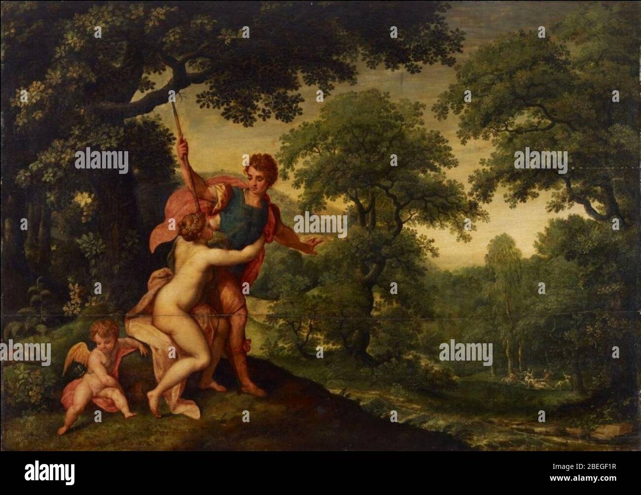 Hendrik de Clerck & Denis van Alsloot - Wooded landscape with Venus and Adonis. Stock Photo