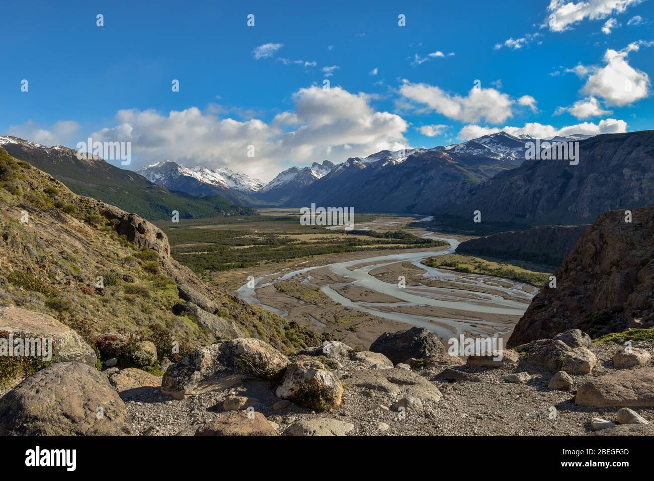 View from mirador rio de las vueltas towards the Andes mountains and ...