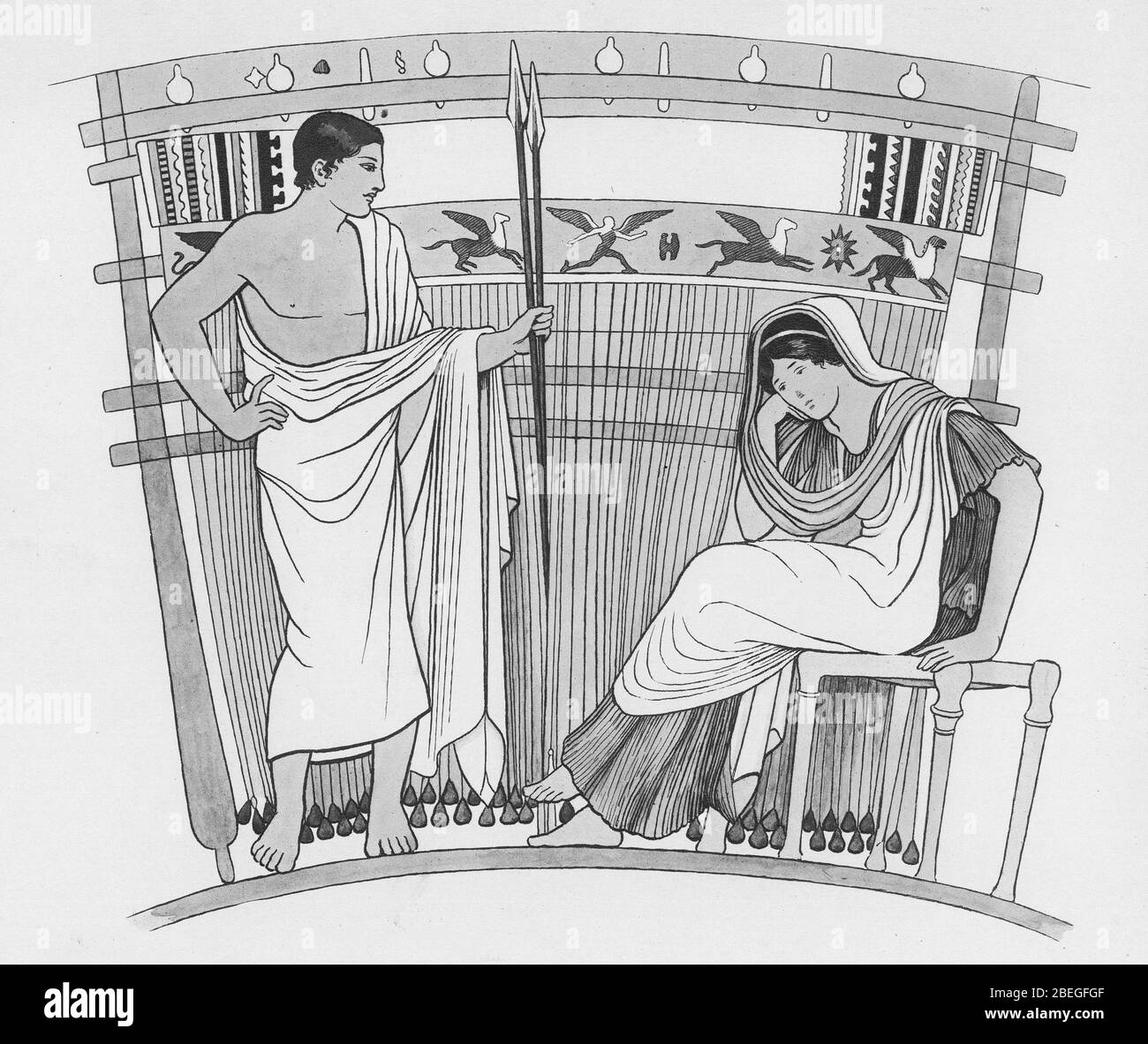 illustration of spinning and weaving in ancient greece, from a set of school posters used for social studies, c 1930 Stock Photo