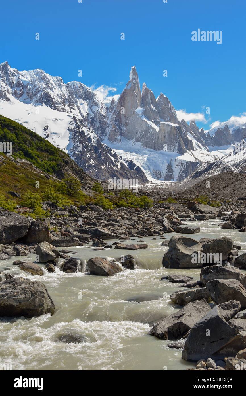 Rio Fitz Roy river with Mt. Cerro Torre and its surrounding peaks and glaciers, Patagonia Stock Photo
