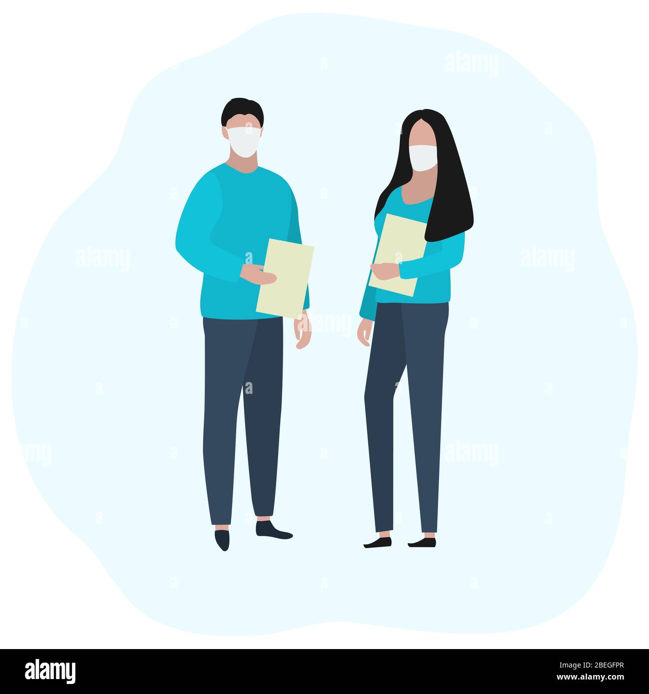 Man and woman with documents in medical masks. Fashion trendy illustration, flat design. Pandemic and epidemic of coronavirus in the world Stock Vector