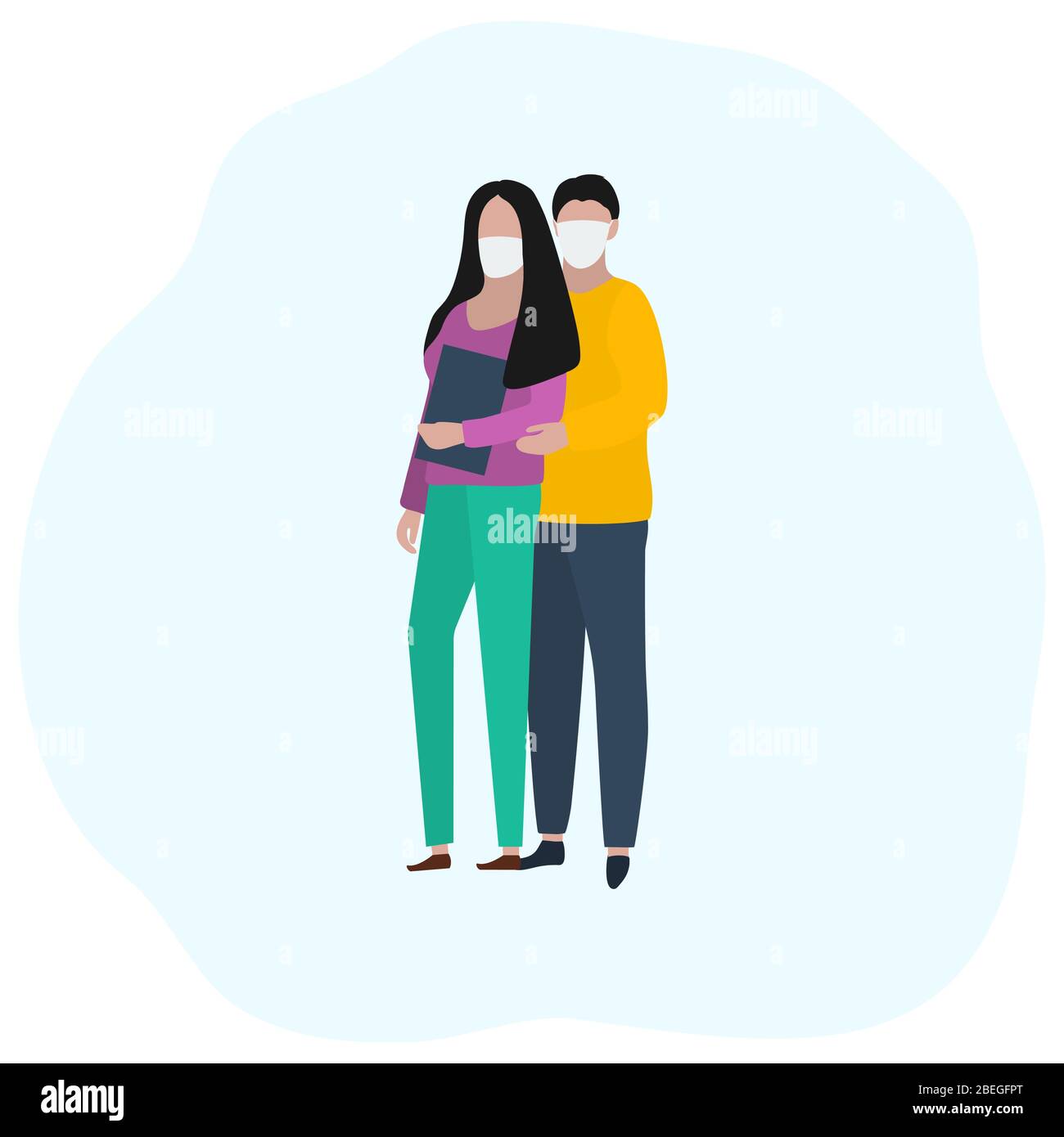 Man and a woman in medical masks. Fashion trendy illustration, flat design. Pandemic and epidemic of coronavirus in the world Stock Vector