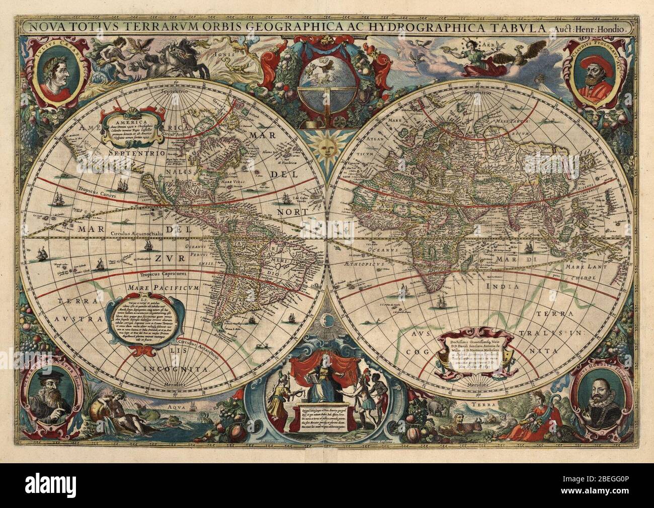 Hendrik Hondius, Nova Totius Terrarum orbis Geographica ac Hydrographica Tabula 1641. Stock Photo