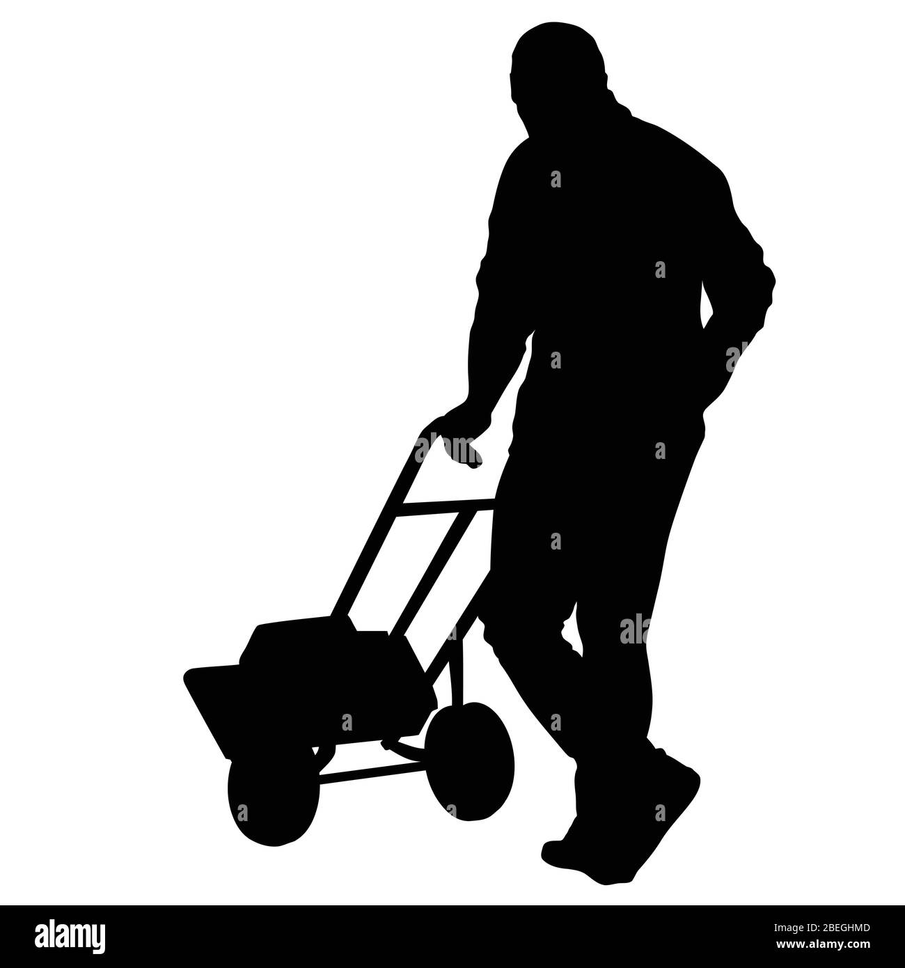 Delivery man pushing handtruck with packages on white background, vector illustration Stock Vector