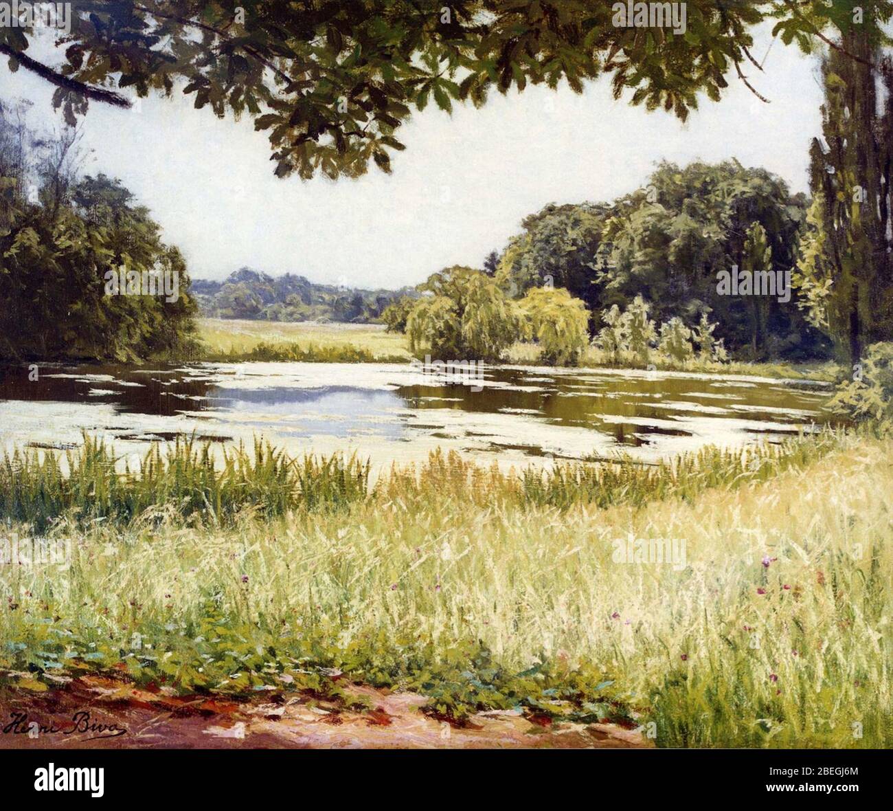 Henri Biva, A river scene in France, oil on canvas, 45.7 x 55.2 cm. Stock Photo