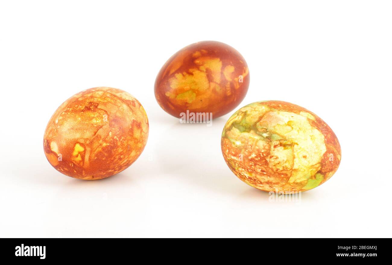 Three traditionally painted Easter eggs isolated on the white background Stock Photo
