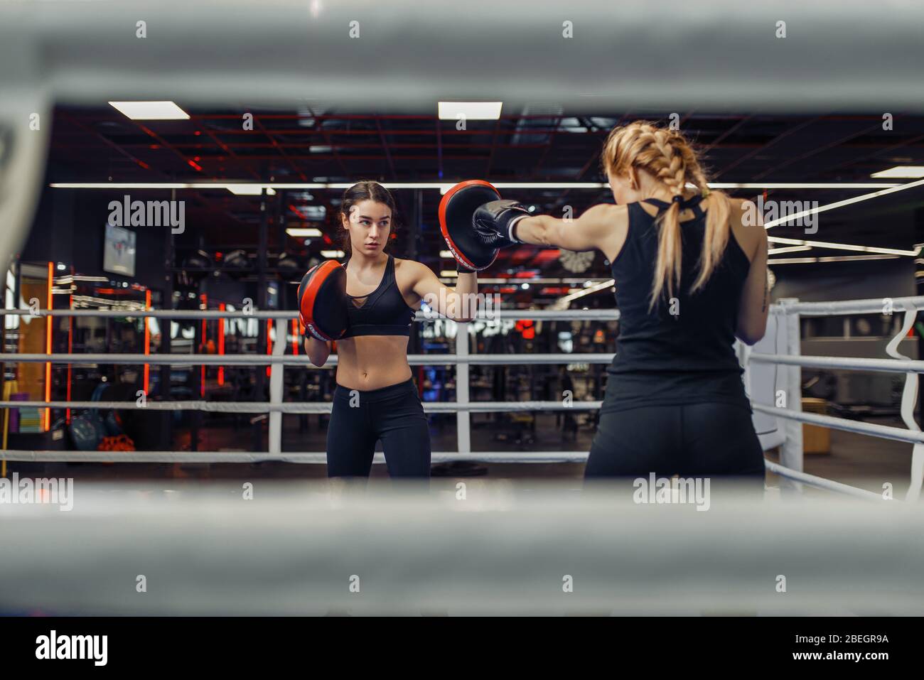 Two women boxing on the ring, box workout Stock Photo