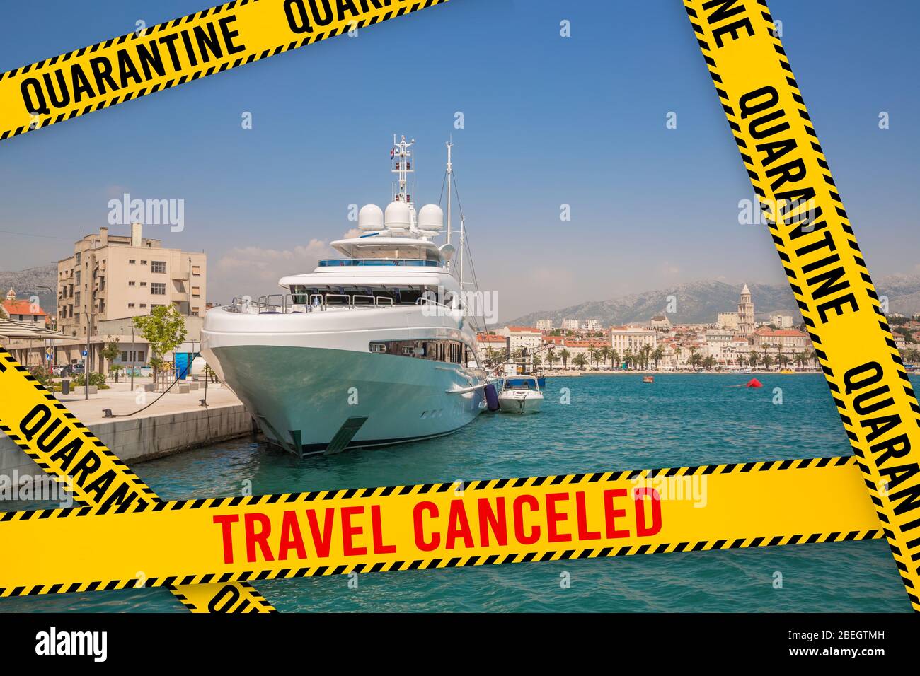 Cancellation of travel concept. Large yacht Stock Photo