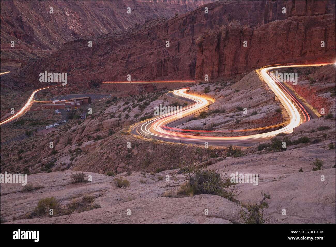 car trails on the roads in arches national park Stock Photo
