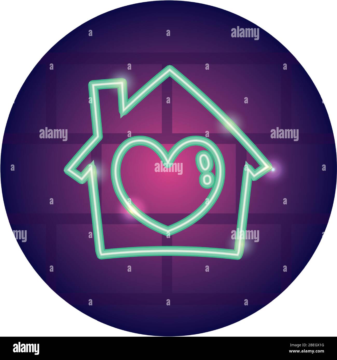 stay home concept, house with heart icon over white background, neon ...