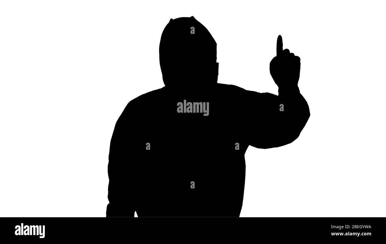Silhouette Male doctor in protective clothes pointing to sides p Stock Photo