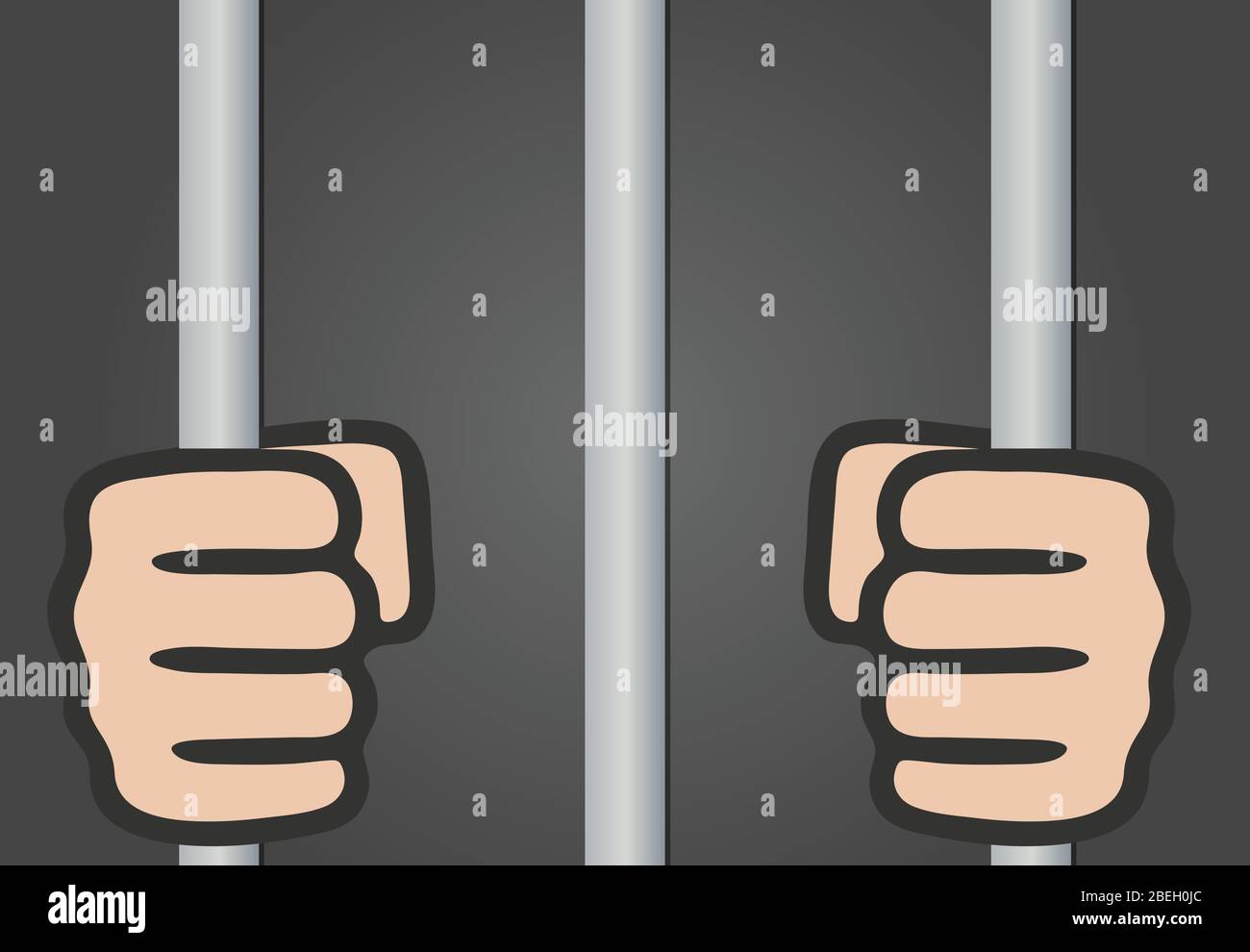 Hands behind bars, man in prison, steel cage jail bars, criminal locked in jail, vector illustration Stock Vector