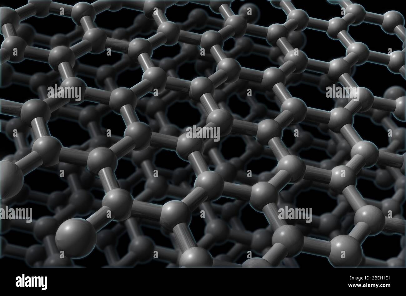 A molecular model of graphite, a mineral composed of stacked layers of carbon atoms arranged in a honeycomb lattice. Graphite is considered the most stable form of carbon under standard conditions and is used in thermochemistry for defining the heat formation of carbon compounds.  The Ancient Greek word for 'draw/write,' gave graphite its name for its mark-making ability and use in pencils. However graphite is also an electrical conductor and has been increasingly used to manufacture batteries. Stock Photo