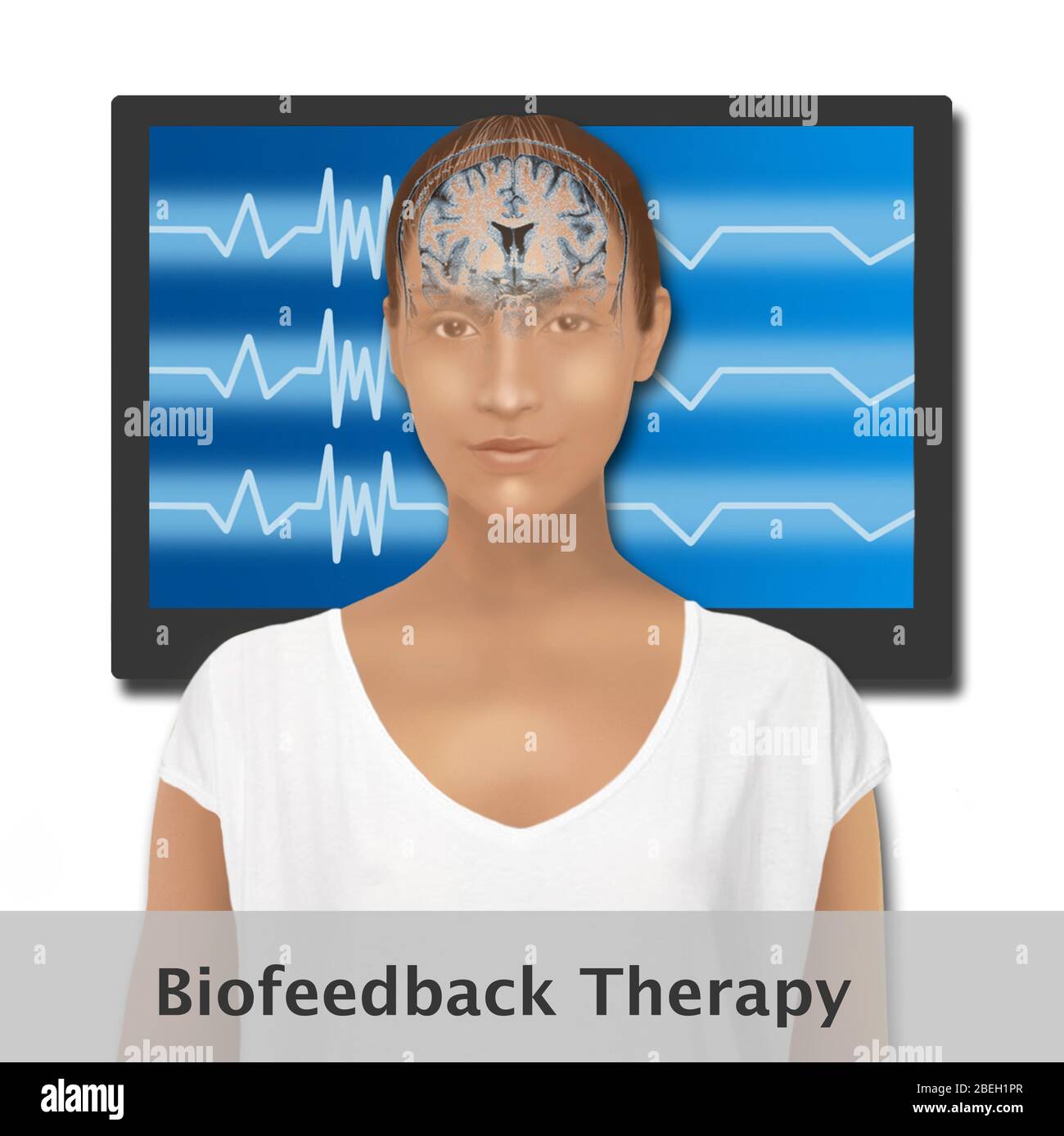 Illustration of biofeedback therapy. Biofeedback is sometimes used to improve health, performance, and the physiological changes that often occur in conjunction with changes to thoughts, emotions, and behavior. Observation of the brains reactions to different situations assists patients with controlling these reactions. Stock Photo