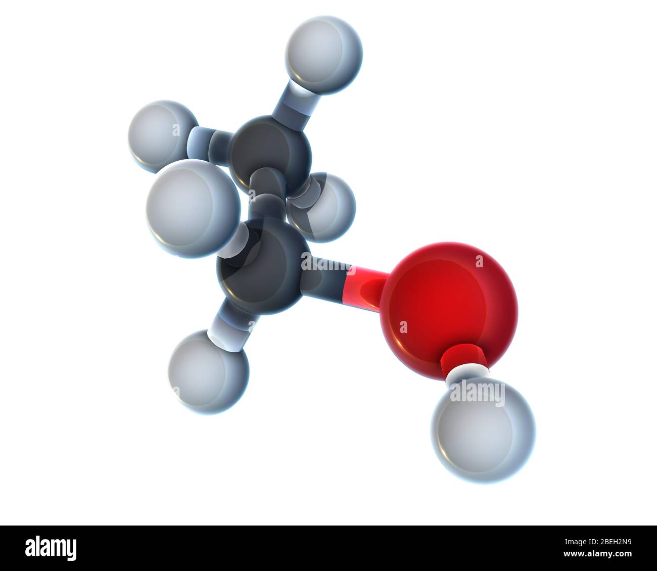 A molecular model of ethanol, a volatile, flammable, colorless liquid found in alcoholic beverages, fuel, thermometers and solvents.  Simply referred to by many as just 'alcohol,' ethanol is responsible for the psychoactive effects of intoxication from alcoholic beverages.  Atoms are colored light gray (hydrogen), dark gray (carbon) and red (oxygen). Stock Photo