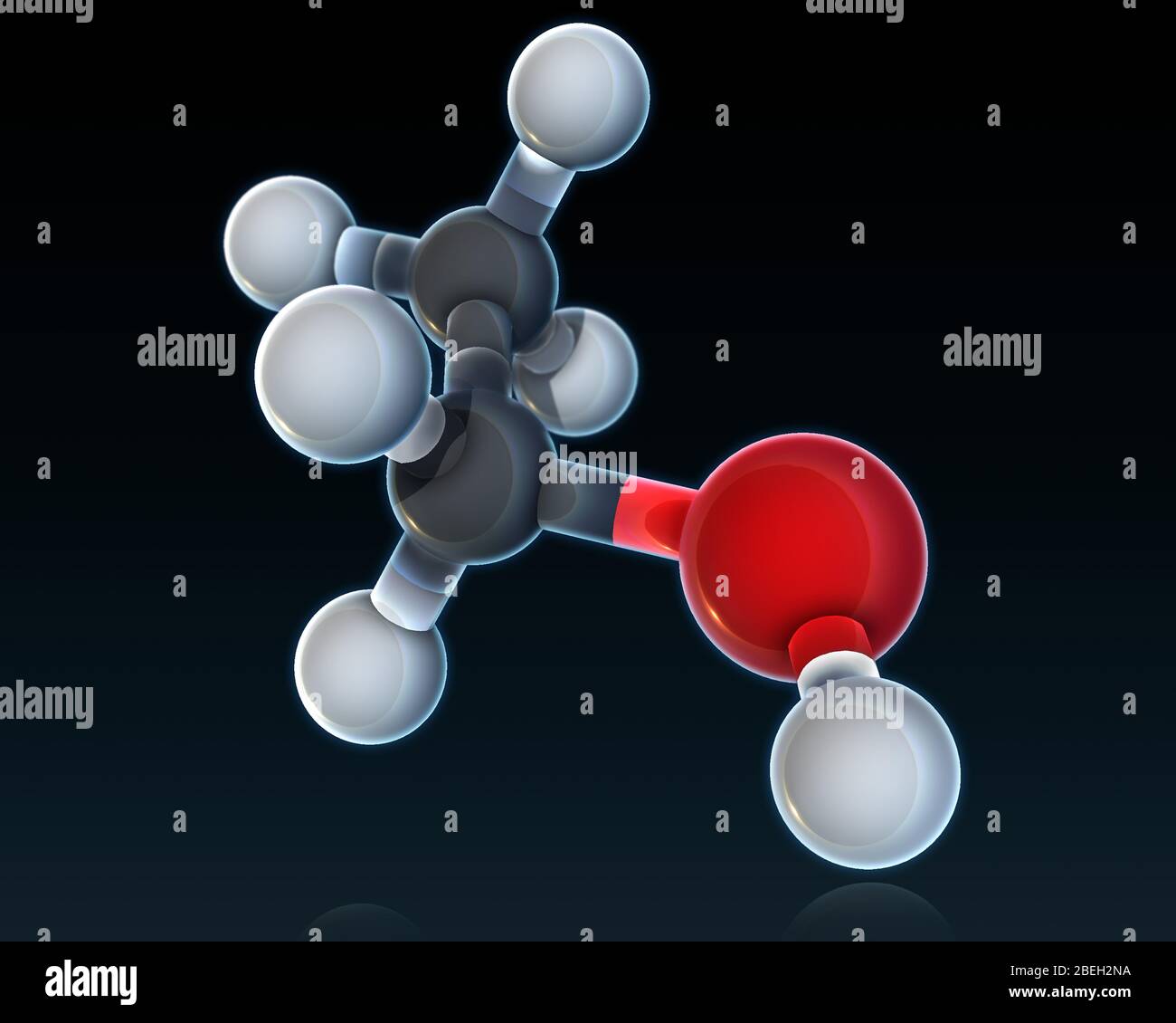 A molecular model of ethanol, a volatile, flammable, colorless liquid found in alcoholic beverages, fuel, thermometers and solvents.  Simply referred to by many as just 'alcohol,' ethanol is responsible for the psychoactive effects of intoxication from alcoholic beverages.  Atoms are colored light gray (hydrogen), dark gray (carbon) and red (oxygen). Stock Photo