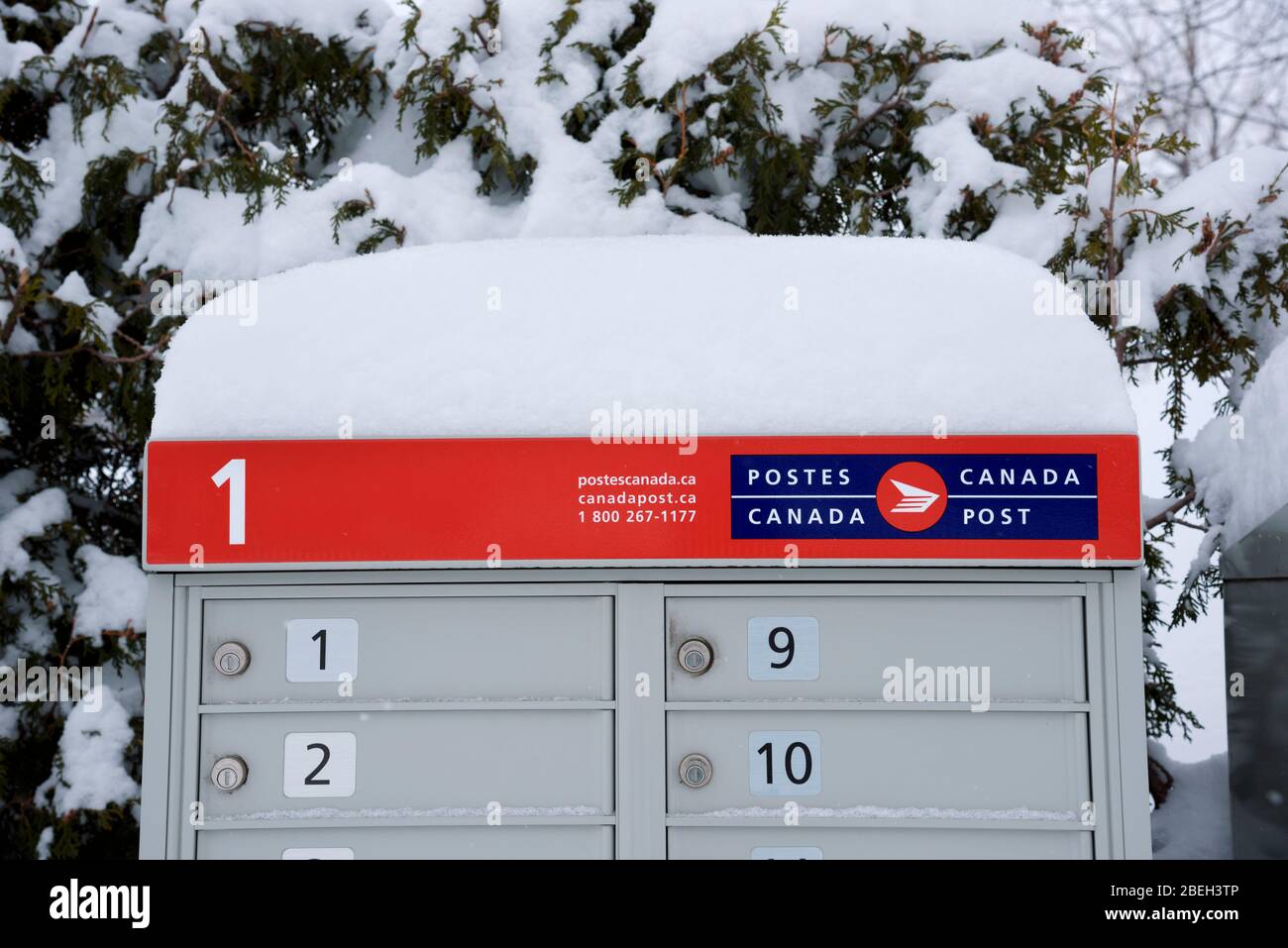 Canada Post communal mailbox after a snowfall. Stock Photo