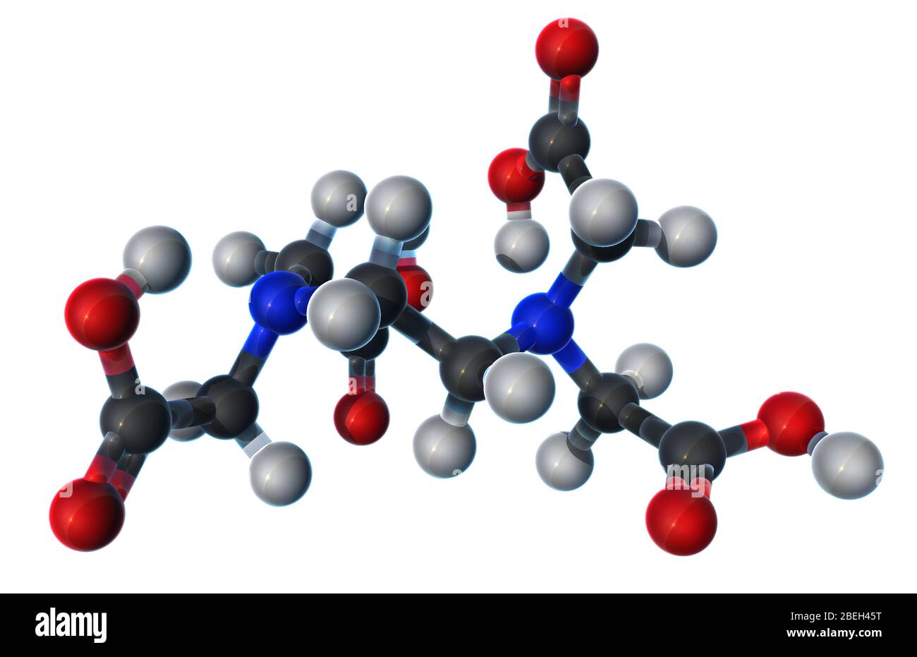 A molecular model of ethylenediaminetetraacetic acid (EDTA), a colorless, water-soluble solid used in chelation therapy to treat mercury and lead poisoning. EDTA has also been utilized as an antioxidant and food preservative, and can also be found in personal care and cleaner products. Atoms are colored dark gray (carbon), light gray (hydrogen), red (oxygen), and blue (nitrogen). Stock Photo