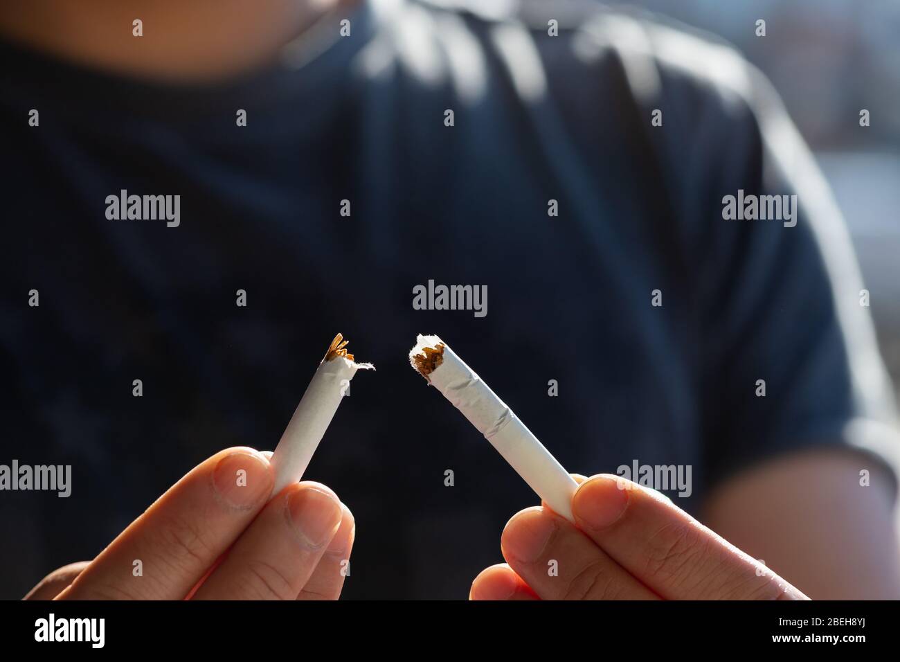 The fingers of man breaking a cigarette. Quit smoking concept Stock
