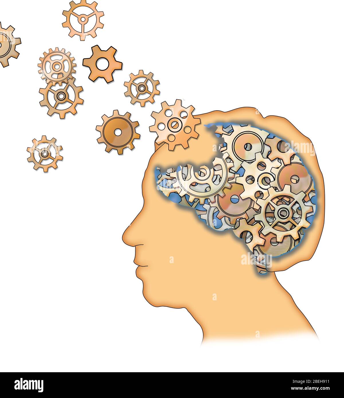 A conceptual illustration of memory loss, showing a head with the cogs of its brain floating away. Stock Photo