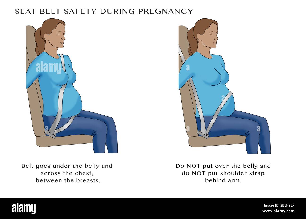 Seat belt safety for pregnant woman. Illustration. Stock Photo