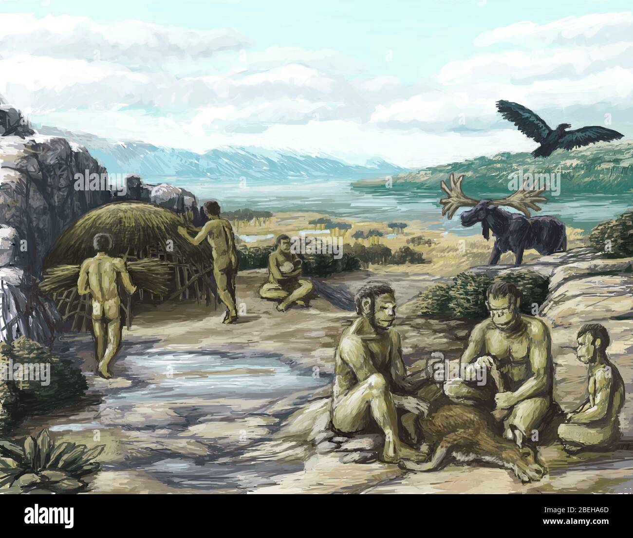Illustration of an early hominid settlement in the Quaternary Period. Homo erectus appears in the start of this period and it is often referred to as the 'Age of Humans'. Stock Photo