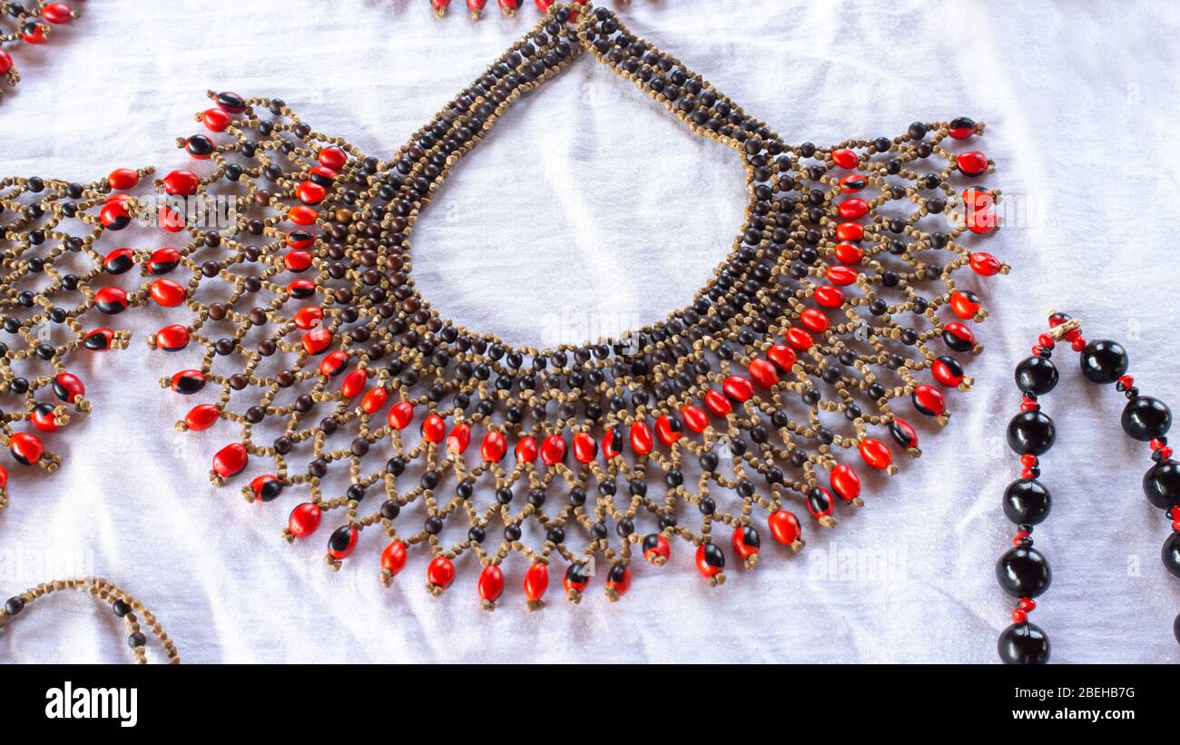 Necklaces made from seeds by women from the Cofan Dureno millennium community located on the edge of the Aguarico river Stock Photo