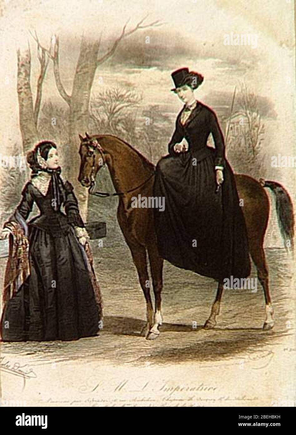 Her Majesty Empress Eugénie dressed as an amazon (in riding dress) by Jules David (Château de Compiègne). Stock Photo