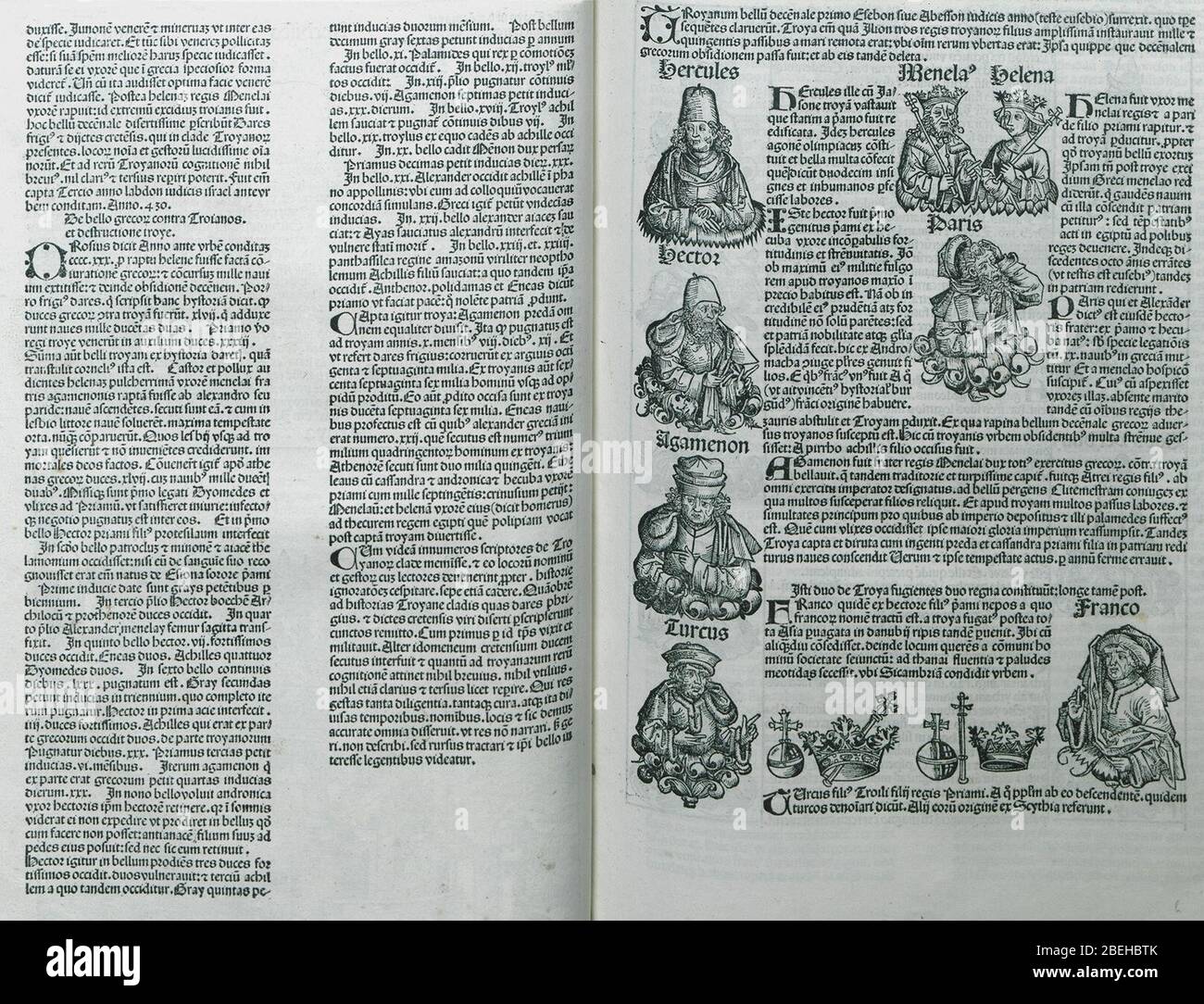 Heracles, Agamemnon, Hector Menelaus, Helen and Paris Turcus, son of Troilus and mythical ancestor of the Turks and his - Schedell Hartmann - 1494. Stock Photo
