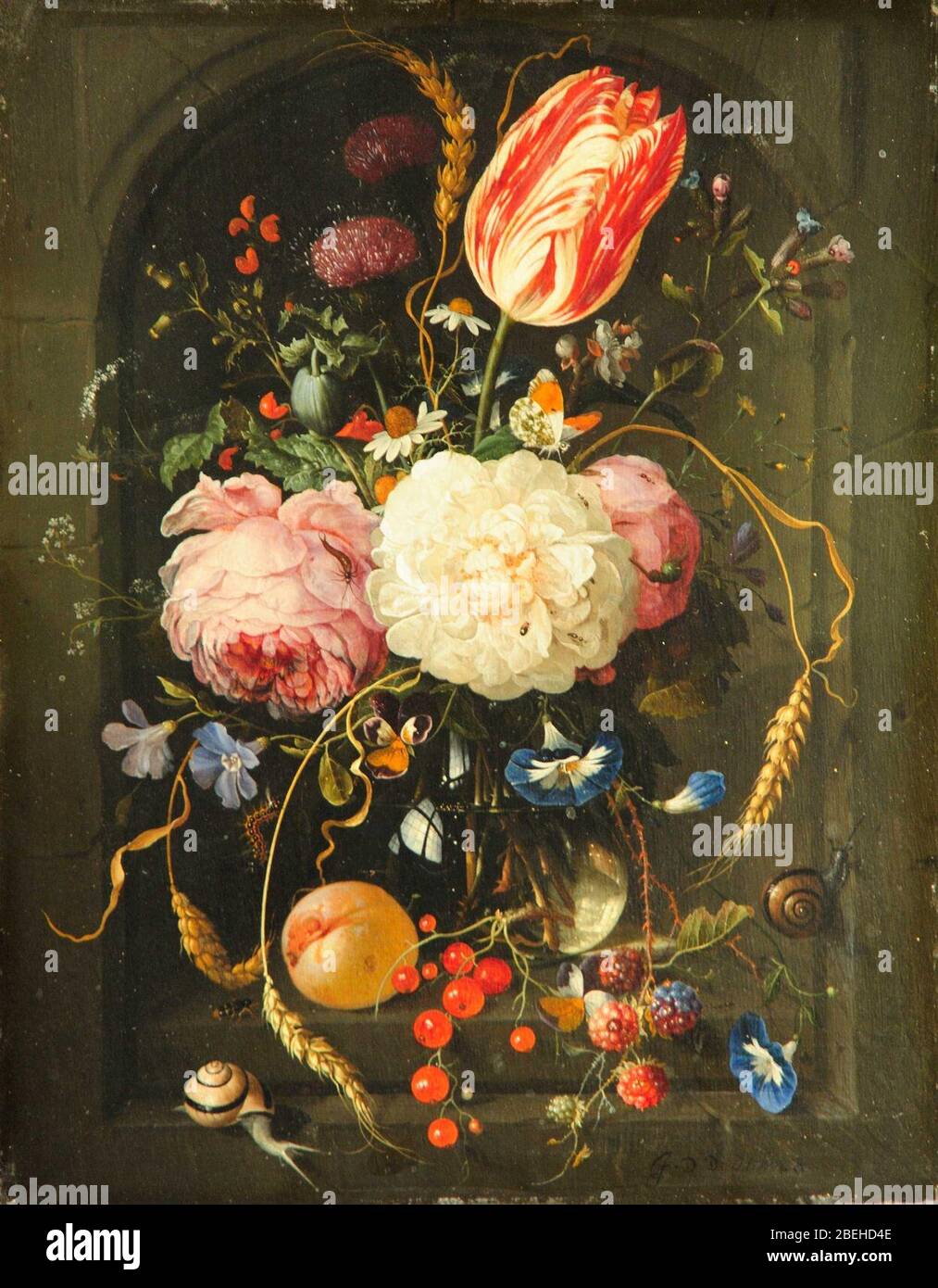Still Life of Flowers in Glass Vase in Stone Niche by Jan Davidsz. De