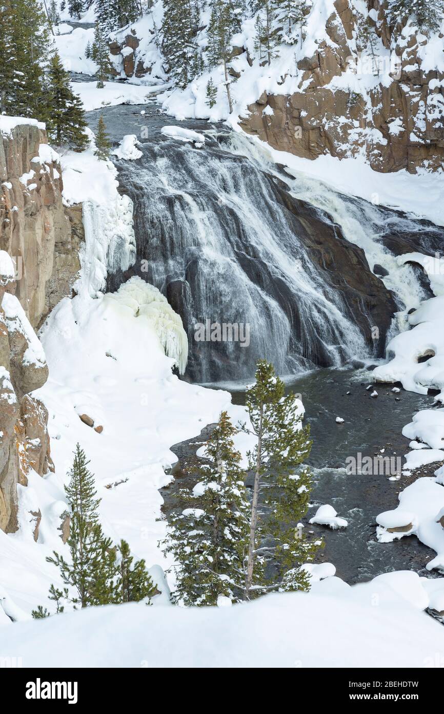 Gibbon Falls during winter in Yellowstone National Park Stock Photo