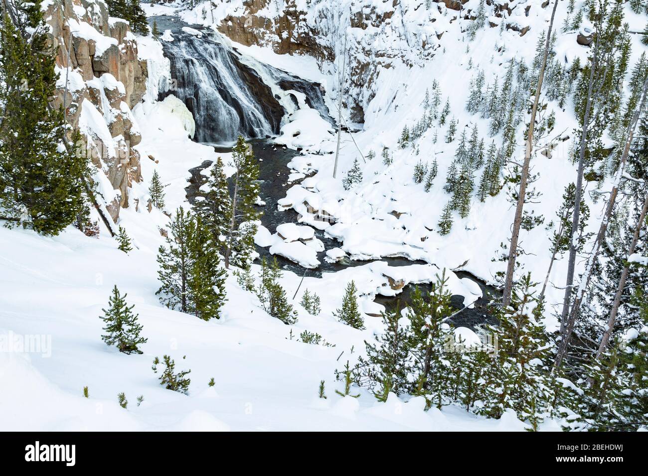 Gibbon Falls during winter in Yellowstone National Park Stock Photo