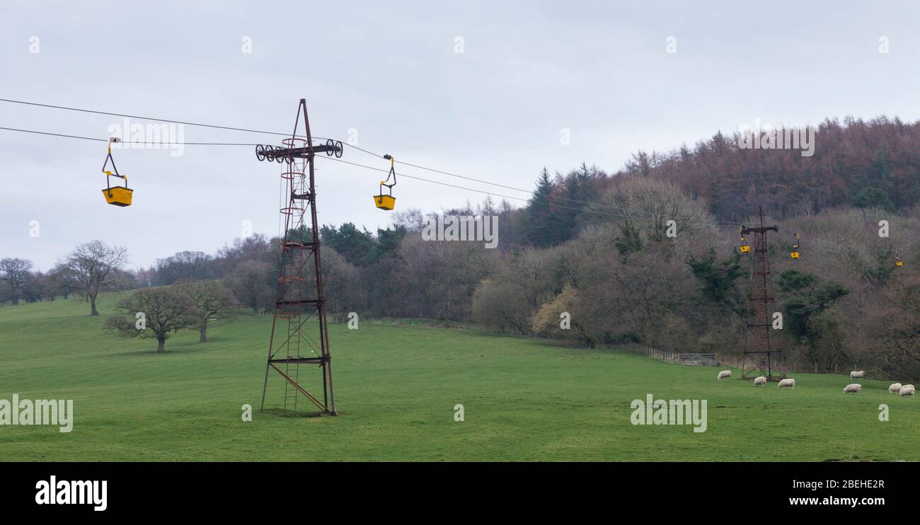 19/3/14 (Sun) Claughton brickworks aerial ropeway being prepared for use. Stock Photo