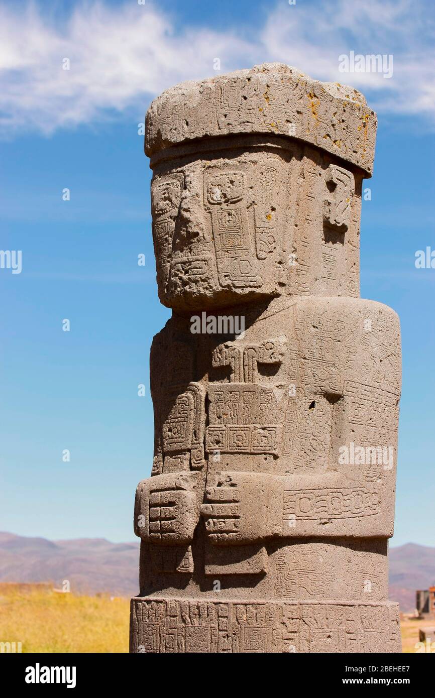 The Ponce Monolith is a 3.5 metre stone statue which stands in the precinct of sacred Kalasasaya, an archaelogical structure and major complex of pre- Stock Photo
