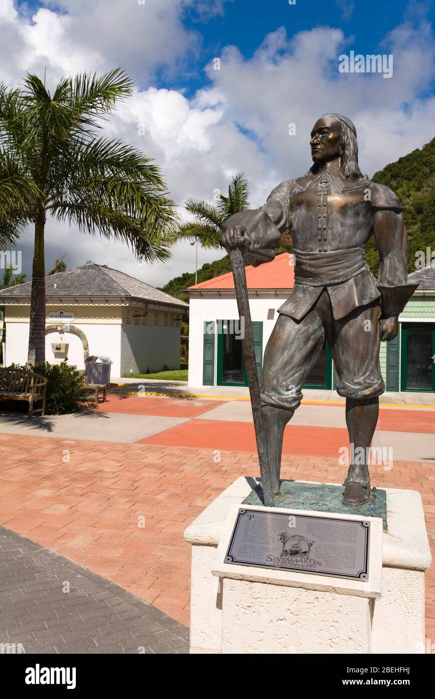 Pieter Stuyvesant Statue, Whathey Pier, City of Philipsburg, St. Maarten, Netherlands Antilles, Caribbean Stock Photo