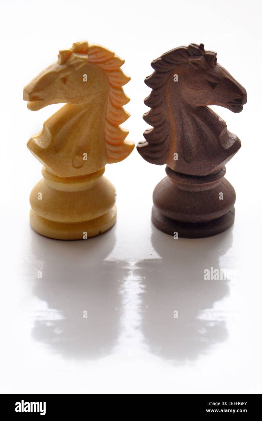 Black and white knight chess pieces on reflective surfAce Stock Photo