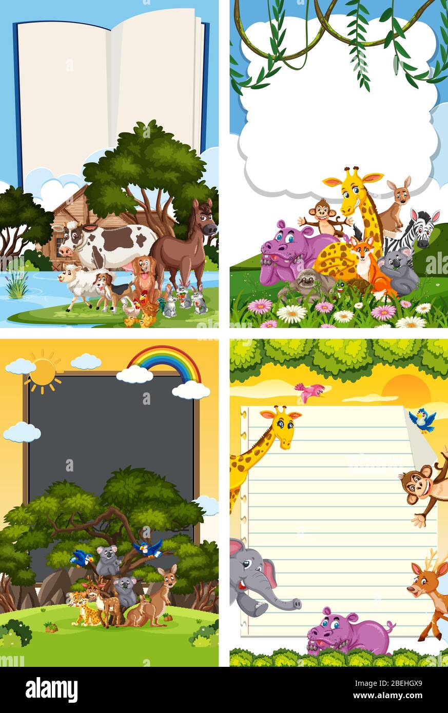 Border template design with many wild animals in background ...