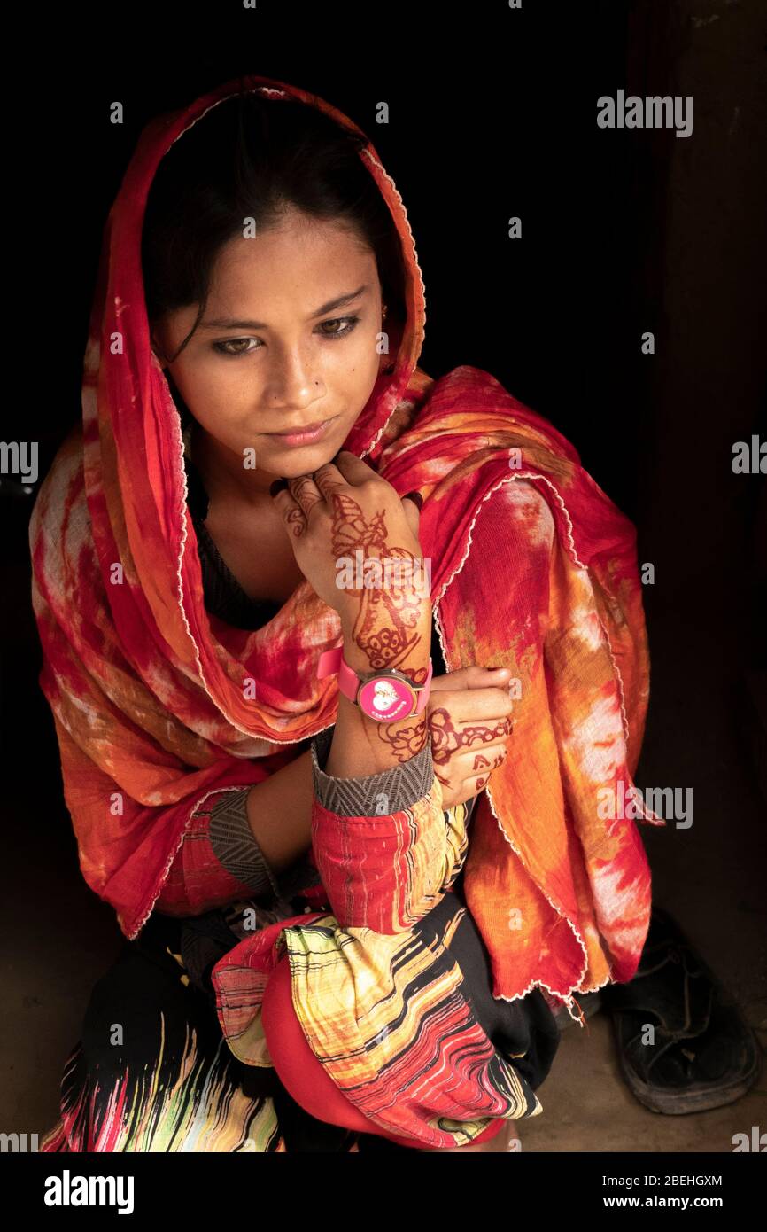 Rohingya Girl in a Refugee Camp, South of Cox's Bazar near the border with Myanmar. Stock Photo