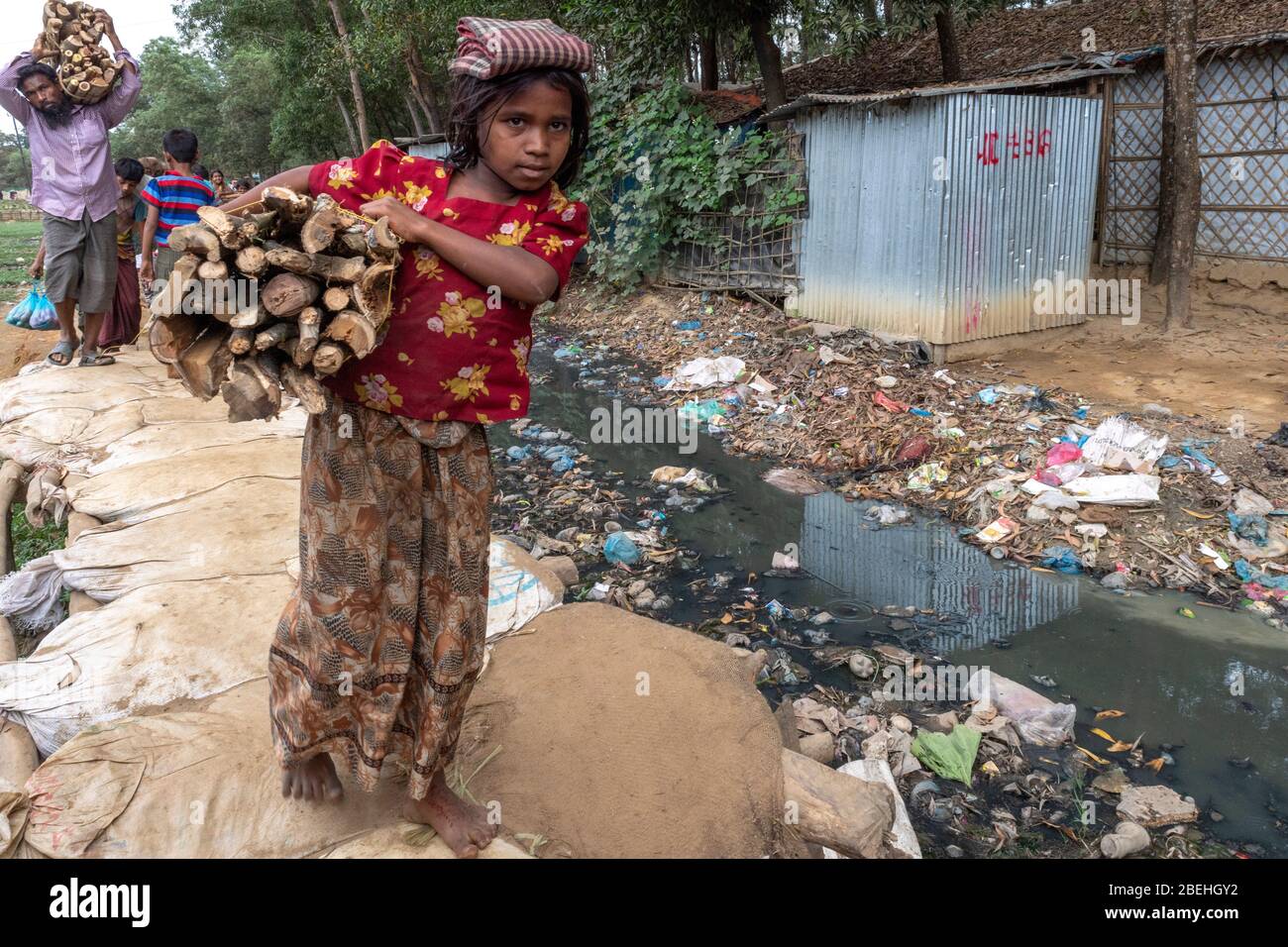 Rohingya Girl Carrying Firewood Across a Heavily Polluted Area in a Refugee Camp, South of Cox's Bazar near the border with Myanmar. Stock Photo