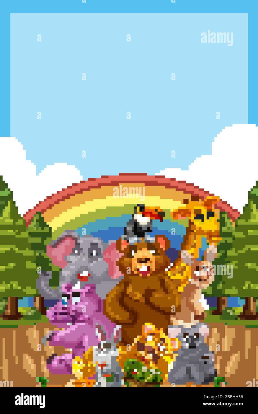 Border template design with many wild animals in background ...