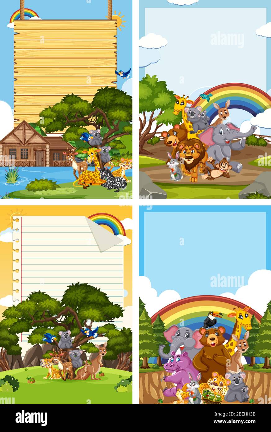 Border template design with many wild animals in background