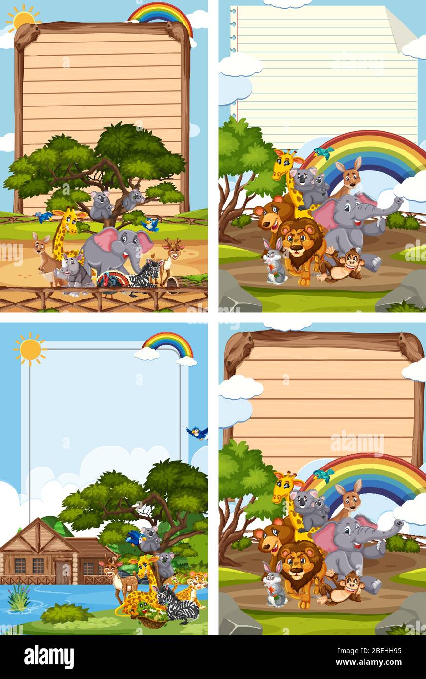 Border template design with many wild animals in background ...