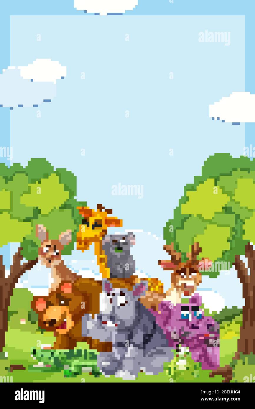 Border template design with many wild animals in background ...