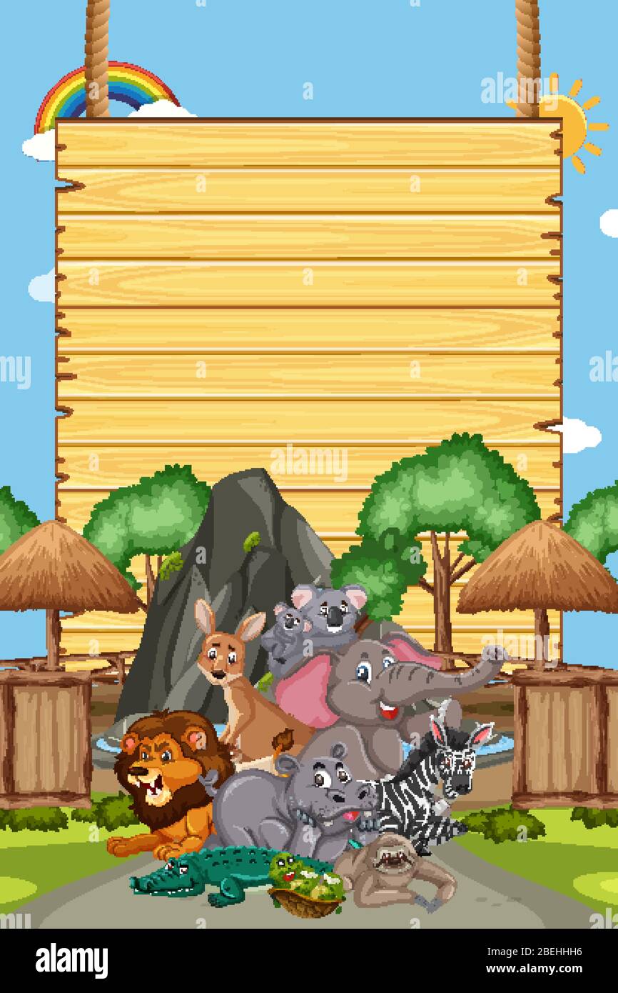 Border template design with many wild animals in background