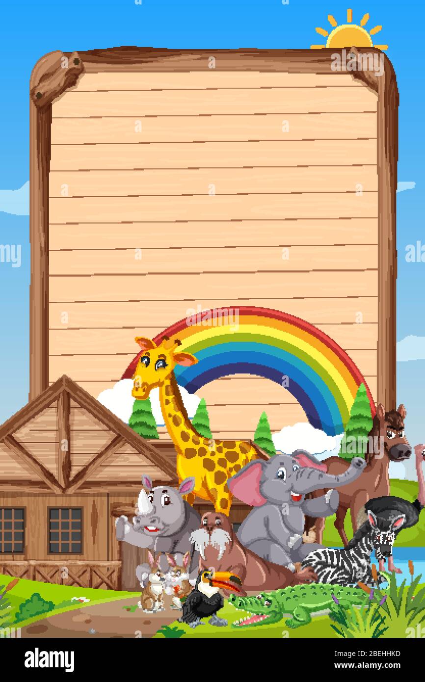 Border template design with many wild animals in background