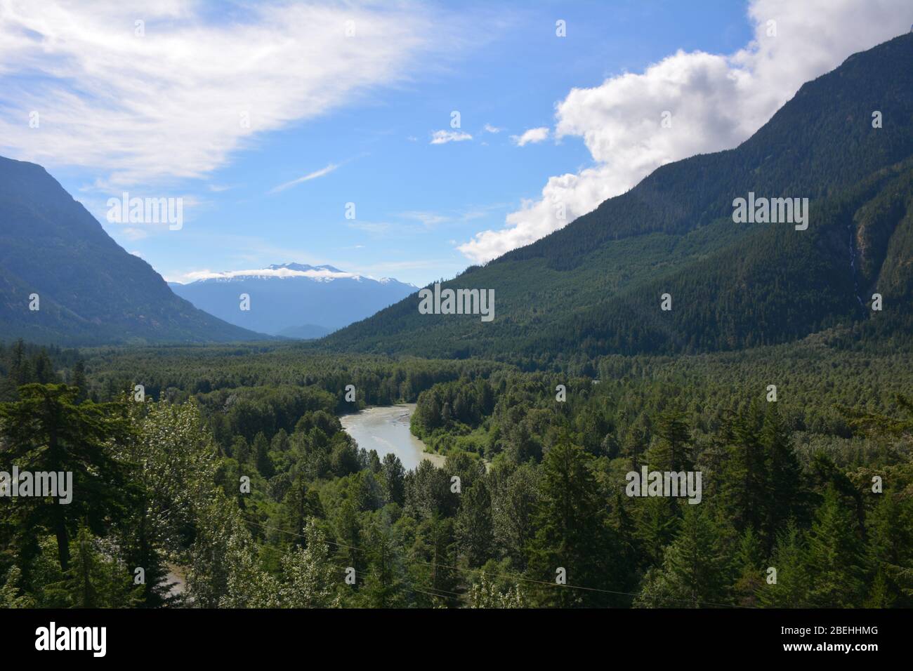 The Bella Coola River flowing west in the Bella Coola Valley, British