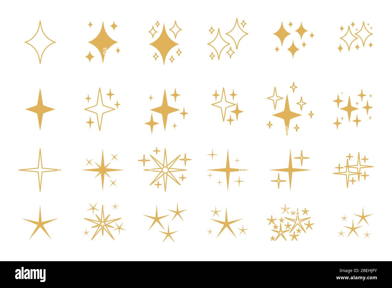 Set of golden, yellow sparkles icons. Flat and outline decorative twinkle. Template spark for glowing light effect, star, bursts firework. Different shapes shine. Isolated on white vector illustration Stock Vector